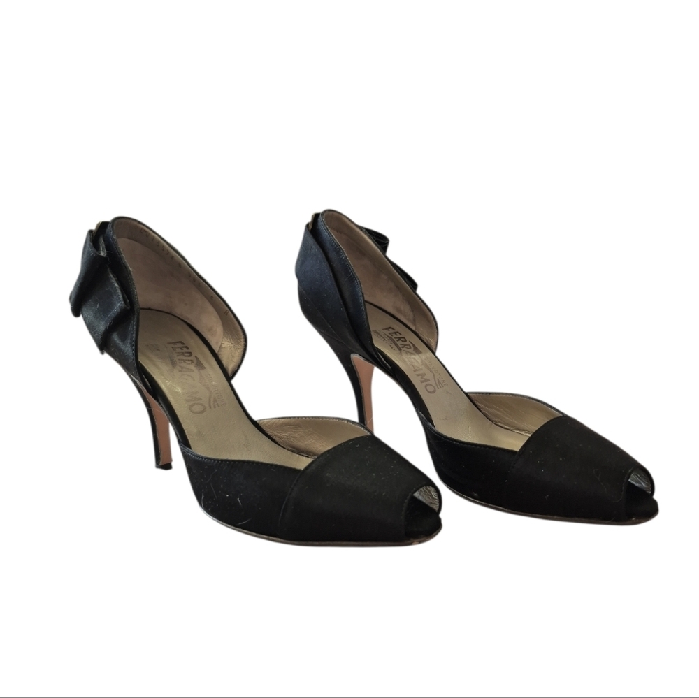 Salvatore Ferragamo Black Satin Bow Heels